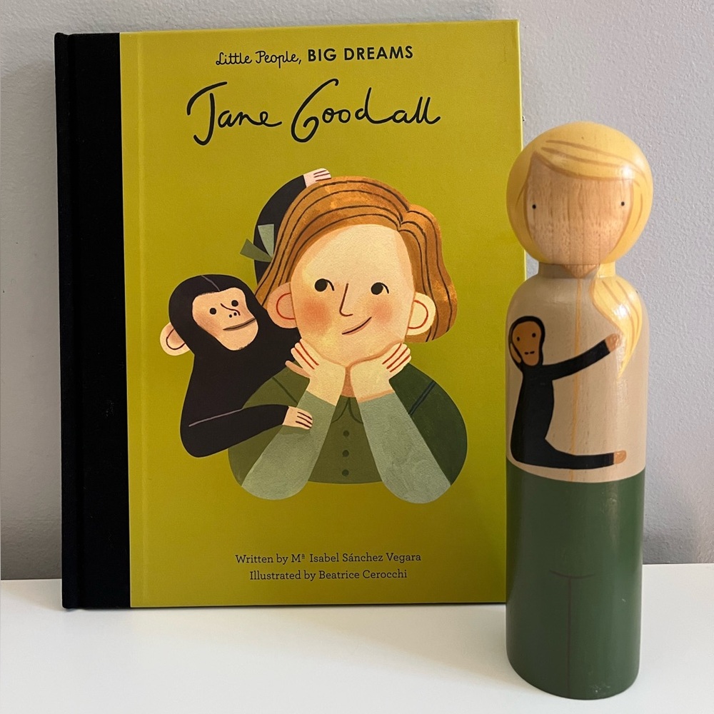 Jane Goodall Little People, Big Dreams + Tall Goose Grease wooden Peg Doll